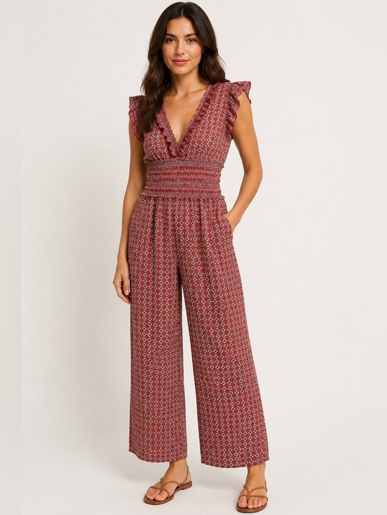 Max Studio Pants - Max Studio Rust Red Printed Smocked-Waist Jumpsuit